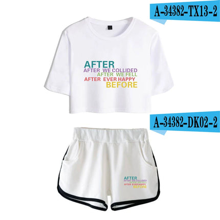 Youthful Black White After We Collided Girl Dew navel Two Piece Set Sexy Short Sleeve Crop T-shirts+Shorts Pants Tracksuit