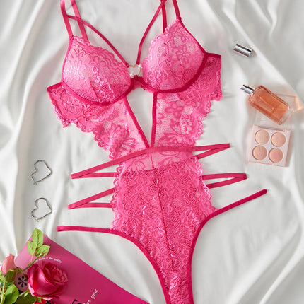 Women Red Lace Spaghetti Strap Bodysuit One Piece Sleepwear
