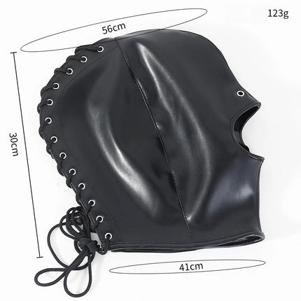 PU Leather Bondage Mask Full Head Hood Blindfold BDSM Fetish Roleplay Slave Harness Sexy Adult Sex Toys for Women Men Couples