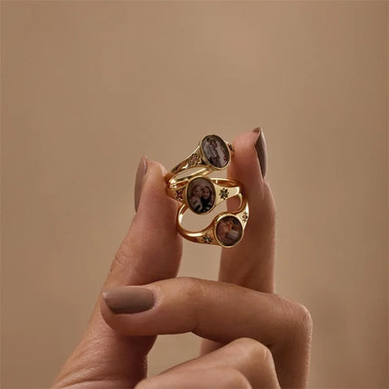 Custom Picture Rings Oval Photo Ring With 2 Birthstones Personalized Photo Memorial Anniversary Keepsake Rings for Women Mom