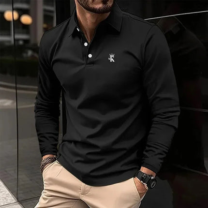 Men's polo shirt, casual sports, lapel, long-sleeved T-shirt, basic fashion, color blocks, patches, buttons, suitable for spring