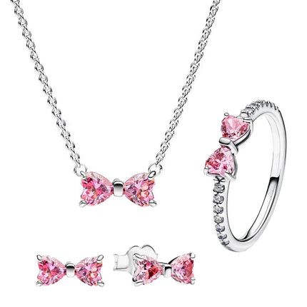 925 Sterling Silver Pink Bow Jewelry Set Ring Earrings Bracelet Necklace for Women Birthday Gift