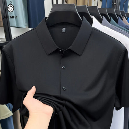 Summer Men Short Sleeve Button Up Shirt Ice Silk Casual Business Formal Shirt Breathable Wrinkle Free