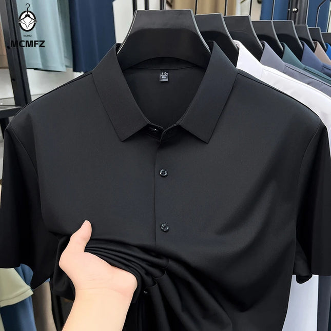 Summer Men Short Sleeve Button Up Shirt Ice Silk Casual Business Formal Shirt Breathable Wrinkle Free