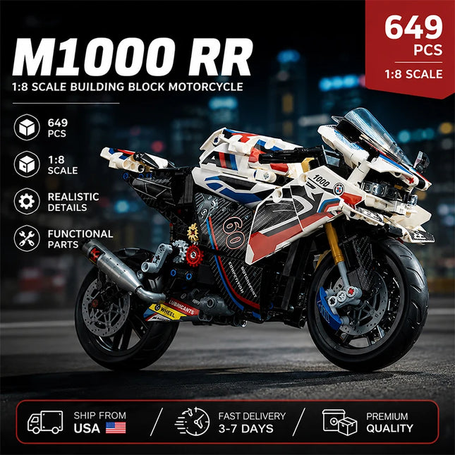 M1000 RR Motorcycle Building Blocks 649PCS 1:8 Scale Technical Racing Motorbike Model Kit for Adults Gift