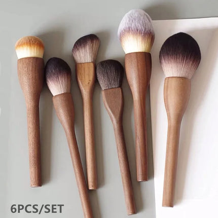 6Pcs Vintage Wood Handle Makeup Brush High Quality Walnut Loose Powder Foundation Contour Brush Super Soft Beauty Tool