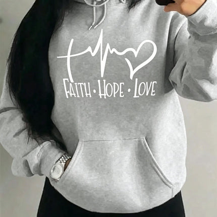 Fashion Faith Hope Love Letter Graphic Hoodies Women Loose Oversized Heart Pulse Print  Sweatshirt Black Daily Casual Hoody