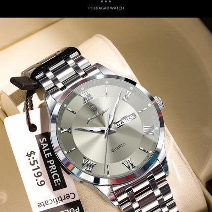 POEDAGAR Luxury Fashion Men Clock Waterproof Luminous Date Week Man Wristwatch Sports Stainless Steel Quartz Men's Watches Reloj