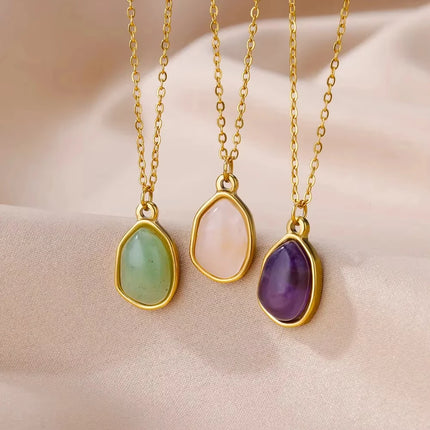 Trendy Oval Colorful Stone Necklace For Women Stainless Steel Gold Color Green Opal Stone Pendant Necklace Aesthetic Jewelry Gif