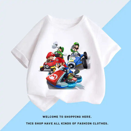 Summer new Super Mario cartoon children's cotton short-sleeve T-shirt, cartoon game trendy boys' casual short-sleeve top.