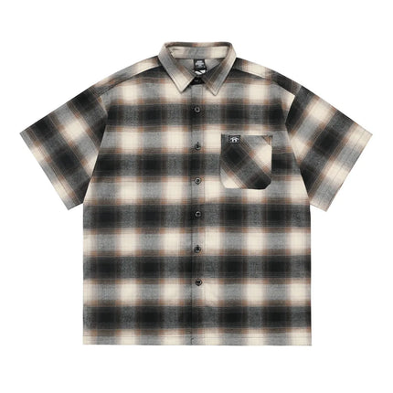 Chicano Style Plaid Short Sleeve Shirts Mens Summer Letter Embroidery Pocket Lapel Half-Sleeve Checked Shirt Men