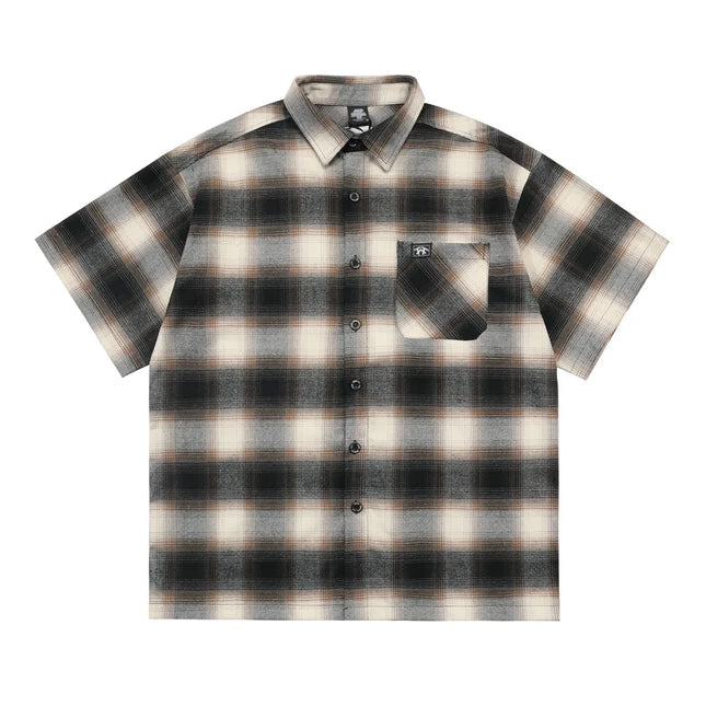 Chicano Style Plaid Short Sleeve Shirts Mens Summer Letter Embroidery Pocket Lapel Half-Sleeve Checked Shirt Men