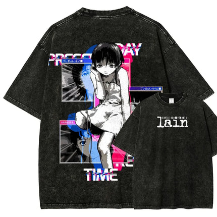 Classic Retro Anime Serial Experiments Lain Graphic Print T-shirt Loose Casual Oversize Vintage Washed Cotton Tee Streetwear Top