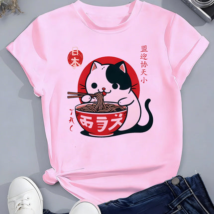 Japanese Style Cat Eat Ramen Design T Shirts Manga Kids Children's T-shirt Boys Girls Summer Spring Casual Top Tee