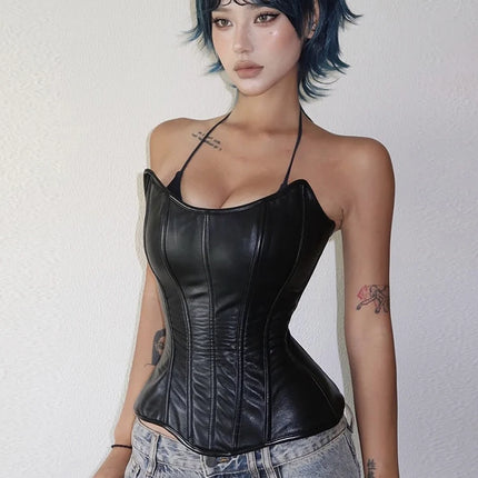 Sisterlinda Sexy Patchwork Tank Top Women Fashion Casual Faux Leather Sleeveless Irregular Hem Coquette Midnight Party Club Vest