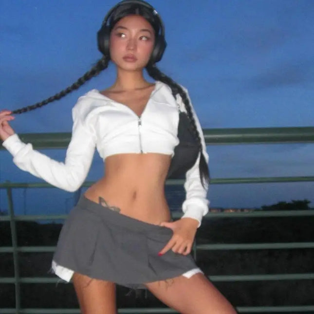 Y2K Cropped Hoodie Zip Up Women's Short Casual Jacket 2000s Streetwear Long Sleeve Outerwear Spring Autumn Women Clothing