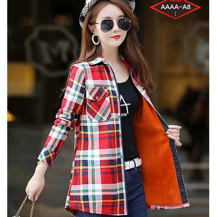 Thickened Fleece Women's Long Sleeve Shirt Warm Slim Fit Midi Length Plaid Korean Style Fashionable Women's Button-up Top