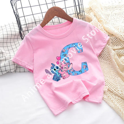 Stitch Disney T Shirt for Girls Children Clothes Tops Children's Clothing Letter A-Z Cotton Short Sleeve Summer Child Cute Gifts