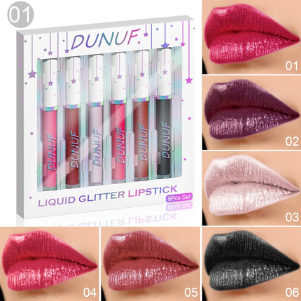 DUNUF 6 pcs set pearlescent metallic color long lasting lip gloss waterproof sweatproof non-stick lipstick