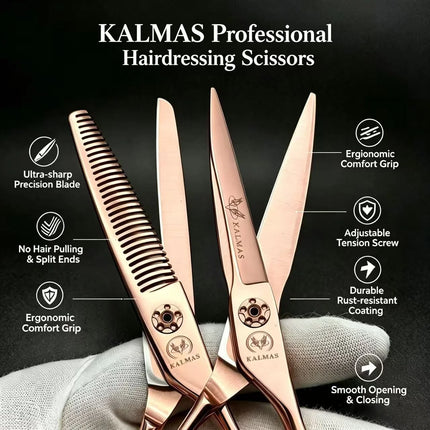 KALMAS Genuine VG10 Steel Rose Gold 6-inch Scissors Set, Suitable for Stylists' Hair Clippers with No Trace Teeth Clippers