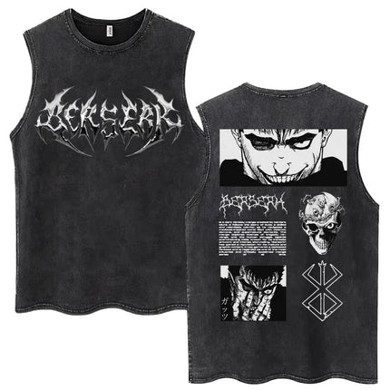 Anime Berserk Guts Washed Harajuku Tank Tops Retro Manga Gatsu Griffith Zodd Sleeveless T Shirts Unisex Cotton Oversized T-Shirt