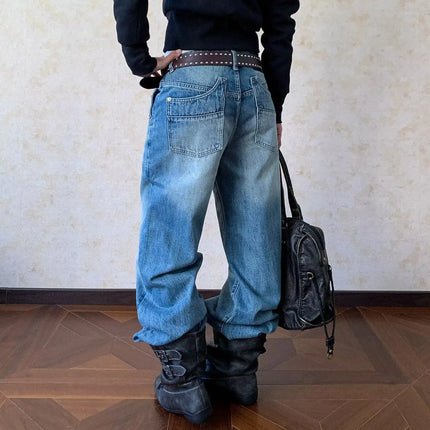 Men's Retro Blue Unisex Jeans Wide Legs Pants Street Sweatpants Young Boys Bottom Male High Waist Y2k Straight Denim Trousers