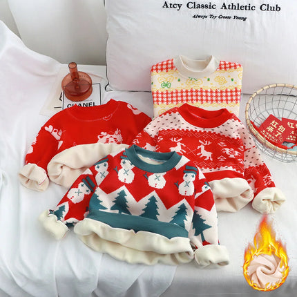 New Velvet Thickened Christmas T-shirt Children's Printing Sweatshirt Casual Children's Clothing For Winter New Year Gift
