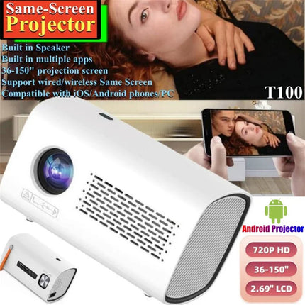 T100 Android System Projector 720P Wireless Phone Same-Screen MINI Projector Home Theater Player for iOS/Android&PC Projection