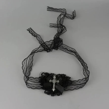 Black White Cross Eye Mask Women Lolita Heart Bowknot Lace Necklace Eye Patch Gothic Vibe Eyewear Punk Cosplay Party Accessories