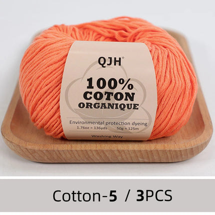 3PCS 100% Organic Cotton Yarn Machine Washable For Adult Baby Sweaters/Gloves/Scarves/Hats Etc. 50 gr (1.76 oz) 125 m (136 yrd)