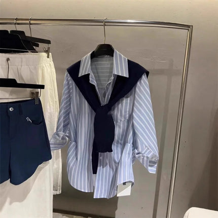 Blue Loose College Style Striped Shirt plus Shawl Two-Piece Set Women Spring Autumn New Versatile High-End Feeling Top