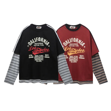 Retro patchwork color blocking casual loose print fake two-piece design sense round neck long sleeved T-shirt for men and women