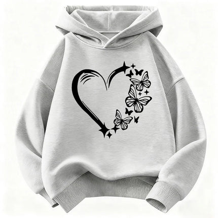 Graphic Casual Hoodies Love Heart with Butterfly Design Children's Sweatshirt Cute Hoody for Boys Girls Autumn Spring