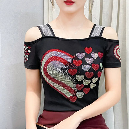 Summer Streetwear Fashion Women's T-shirt Luxury Design Butterfly Hot Diamonds Tee Sexy Off Shoulder Girls Tops European Clothes
