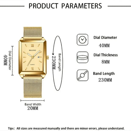 Luxury Men's Golden-Tone Business Watch,Rectangular Dial Quartz Movement, Mesh Band Analog Display Durable & Stylish Timepiece
