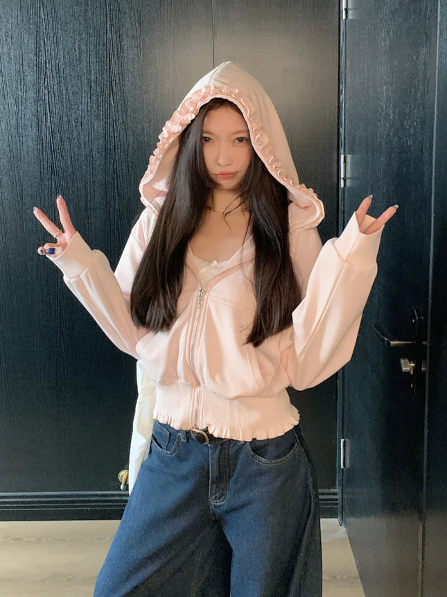 Korean Pink Zipper Hooded Sweatshirt for Women's Cute Outerwear Cardigan with Ruffle Edge Long Sleeved Top Loose Hoodie