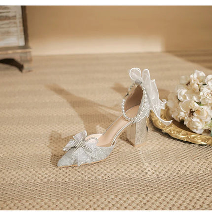 Spring Pointed Toe Party Wedding Shoes for Women, Bride Bow Thick Heel Silver Sequin Fairy Lolita Style Single Shoes