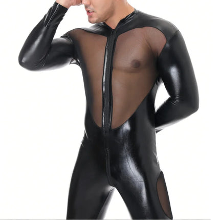 Mens Sexy Mesh Leather Jumpsuit Bodysuit Latex Fetish Gay Zipper Open Transparent Catsuit Erotic Hot Wetlook Wear Male Lingerie