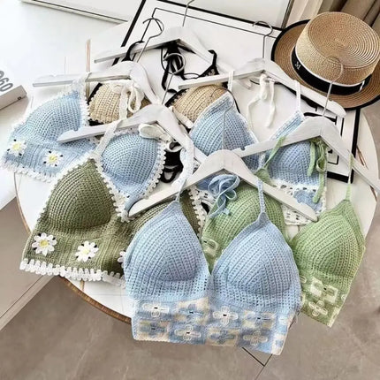 National Style Women's Swimwear Top with Chest Pads Bohemian Beach Wear Outfit Crochet Halter Neck Summer Sling Beach Vacation