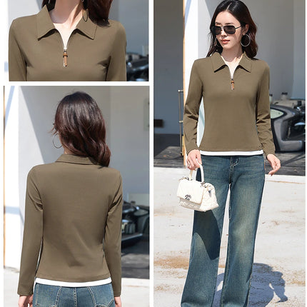 False Two-piece Design Polo Collar Shirt Women's Long Sleeve Cotton T-Shirt Solid Color Business Casual Blend Top Fashion Style