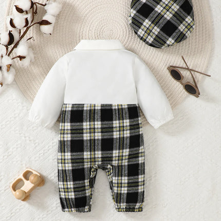 Newborn Literary Style Boy Baby Lapel False Strap Black Plaid Color Matching Jumpsuit Long Sleeve Button Cardigan Pantyband Hat
