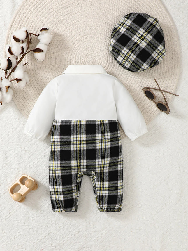 Newborn Literary Style Boy Baby Lapel False Strap Black Plaid Color Matching Jumpsuit Long Sleeve Button Cardigan Pantyband Hat