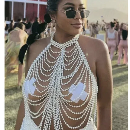 Sexy Accessories Women Bikini Pearl Chest chain Body Chain Jewelry Totally Hand-made Bra Fringed For Beach Nightclub Waist Chain