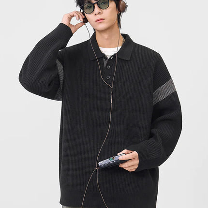 Autumn Winter Polo-Style Colour-Block Knit Sweater Men Effortlessly Stylish Relaxed Fit Loose Collar Top Warm Cosy