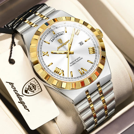 POEDAGAR Business Man Watch Week Date Waterproof Luminous Original Watches For Men Stainless Steel Men's Quartz Wristwatch Reloj