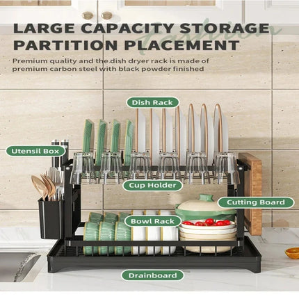2-Tier Dish Drying Rack with Drain Tray Spout Cutlery Cup Holder Multifunctional Kitchen Countertop Storage Organizer