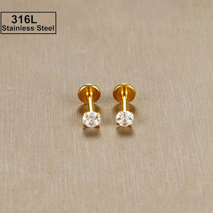 2PC Labret Tragus Stud Earrings 16G Surgical Stainless Steel CZ Crystal Monroe Helix Cartilage Conch Medusa Lip Body Piercing