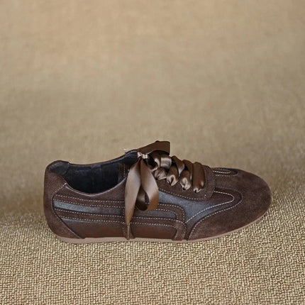Suede Retro Lace Up Casual Flat Shoes Women Comfort Shallow Autumn Footwear Female Brown Genuine Leather Ballet Sneakers Women