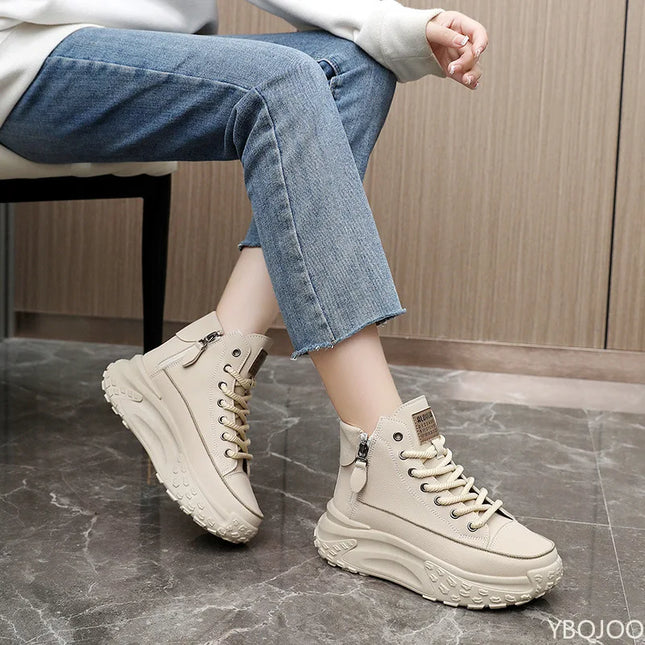Fashionable versatile high top shoes autumn new round toe thick sole height increasing women's shoes comfortable women's shoes