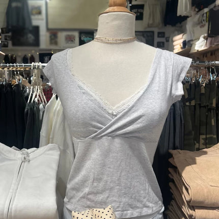New Rose Red Slim Crop Top Woman Sexy V-neck Short Sleeve Cotton Cropped T-shirt Solid Casual Simple Sweet All-match Tee Tops